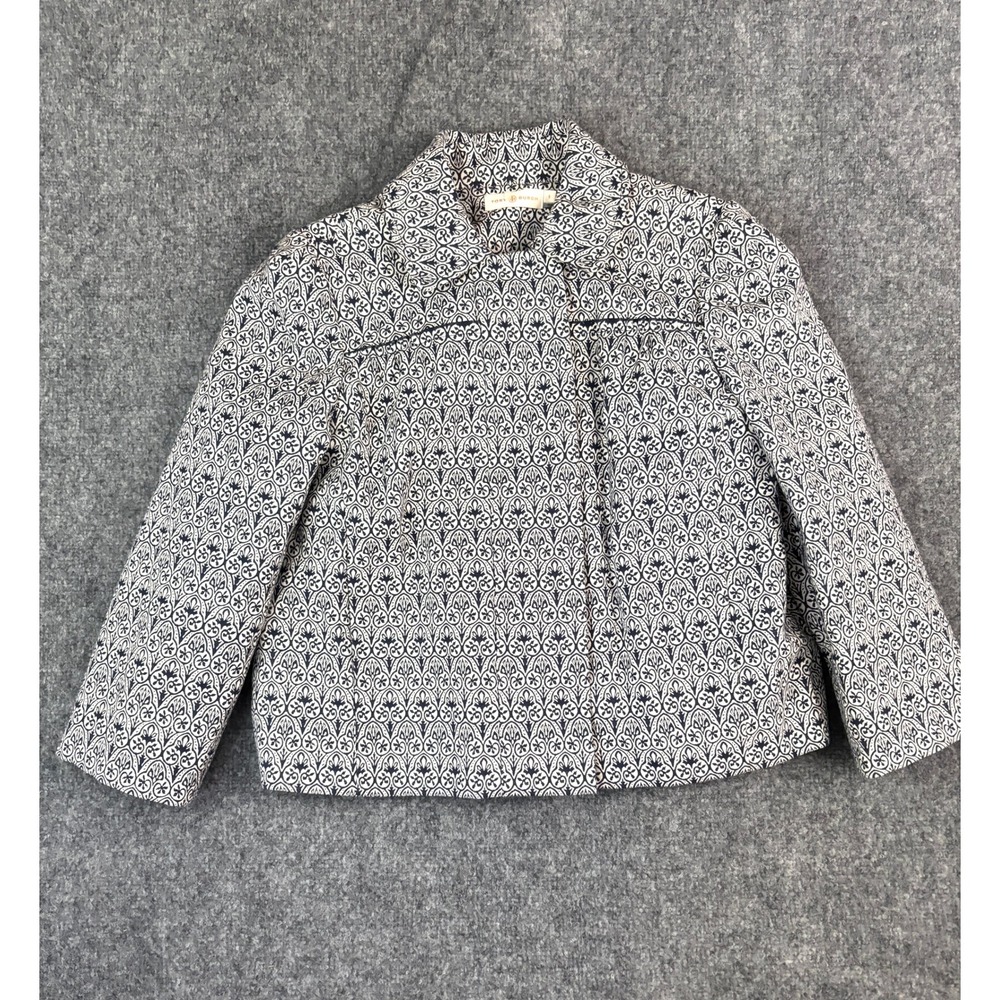 Tory Burch Heidi‎ Jacquard Blazer Jacket Blue Beige Printed Cotton Blend Size 8